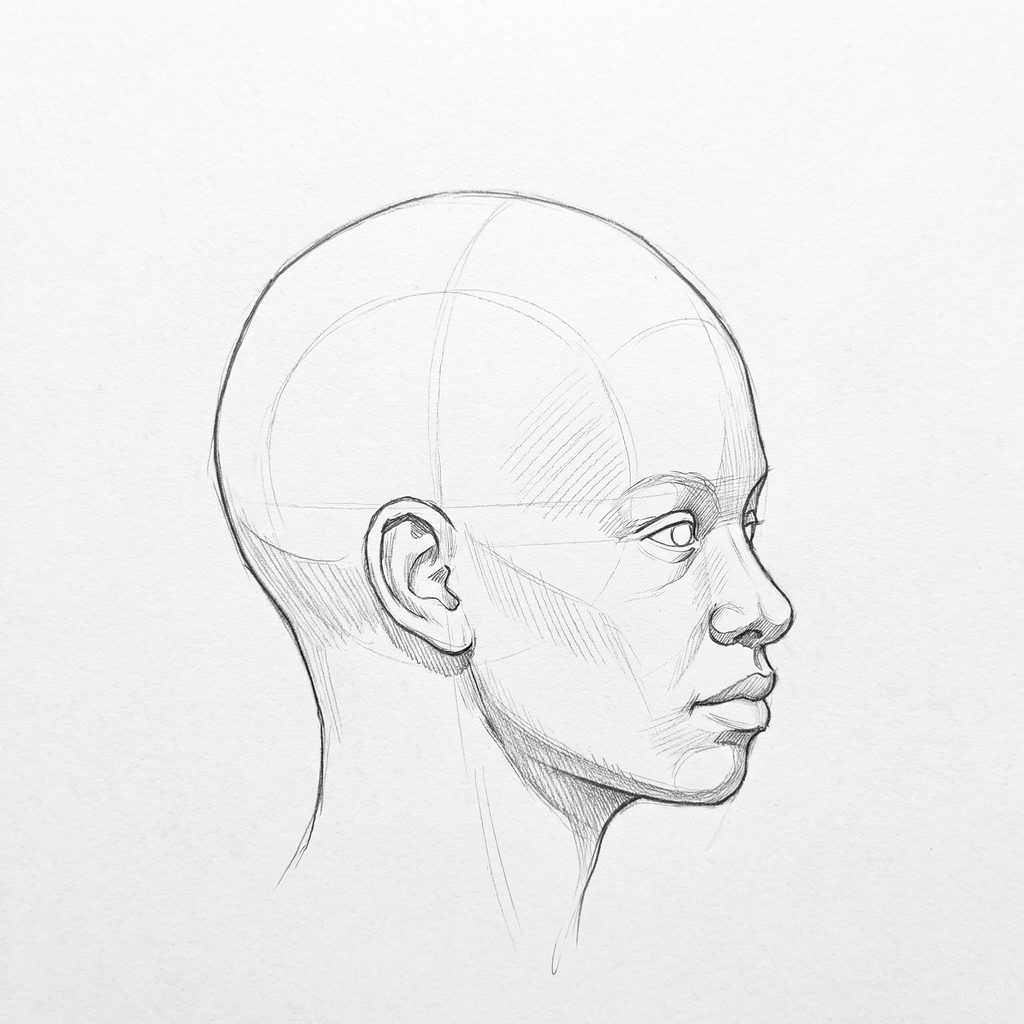 Head rotation reference, Full lips, 67.5 degrees near-profile view, tonal drawing