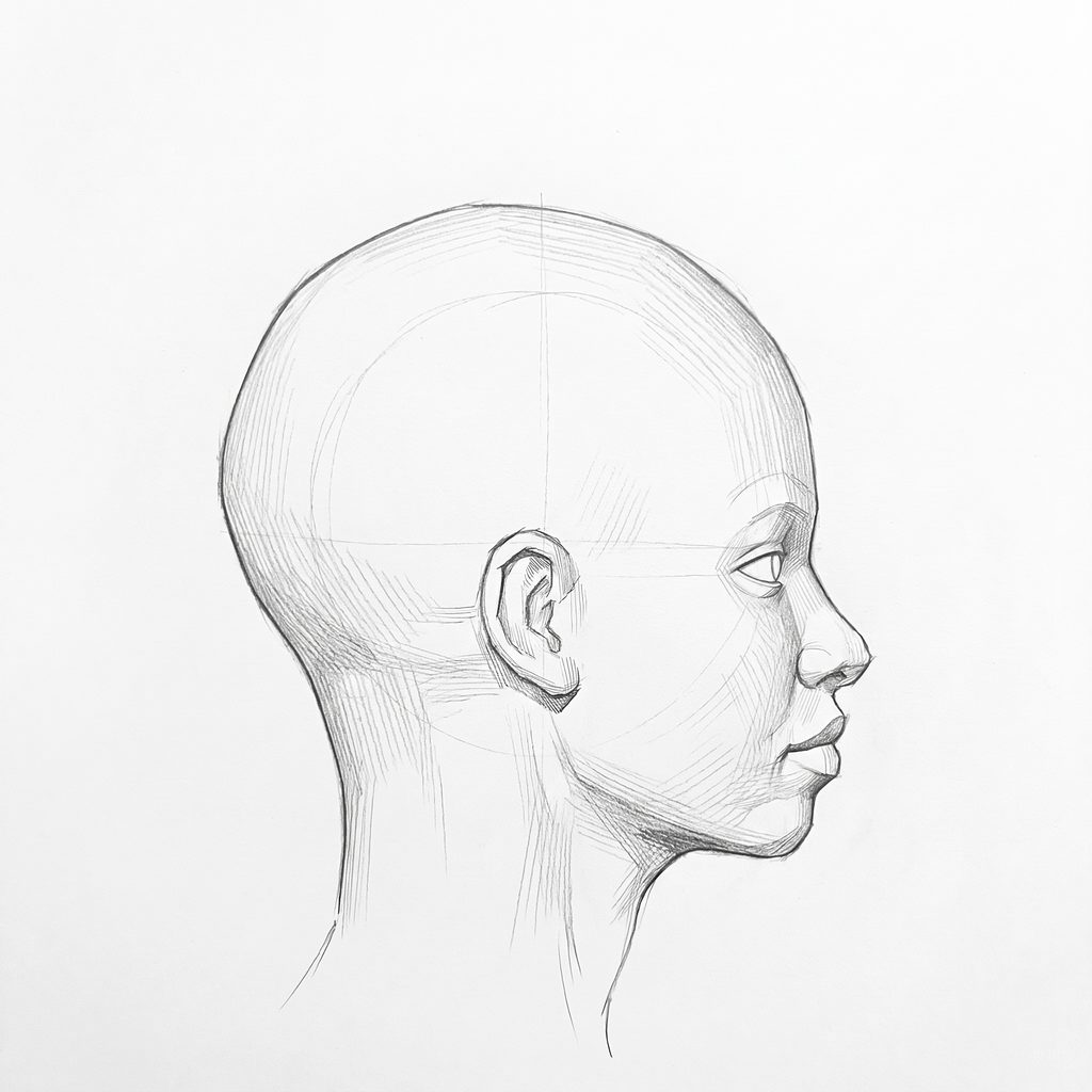 Head rotation reference, Full lips, 90 degrees profile, tonal drawing