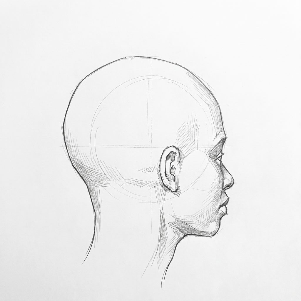 Head rotation reference, Full lips, 112.5 degrees just behind profile, tonal drawing