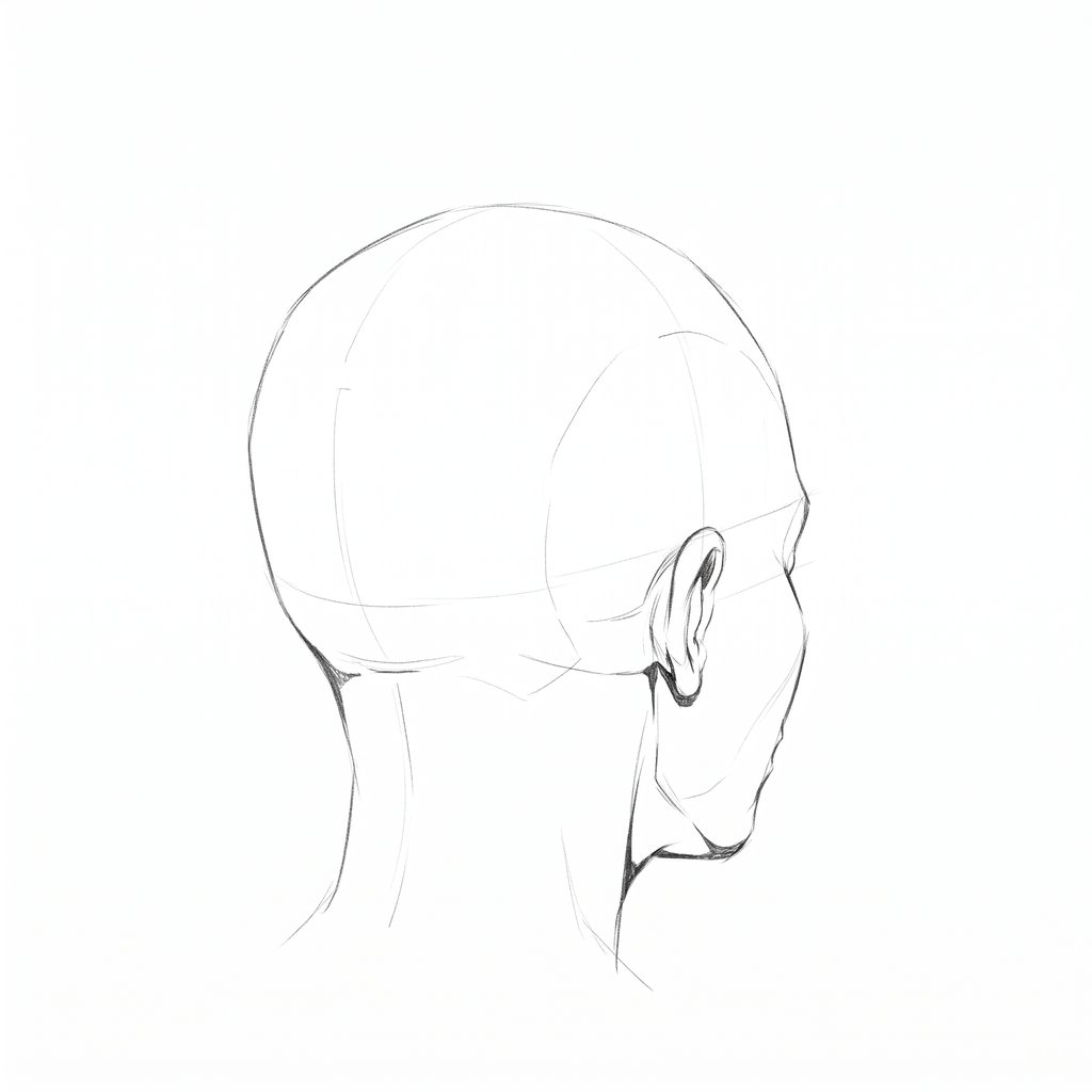 Head rotation reference, Full lips, 135 degrees rear three-quarter, pencil drawing