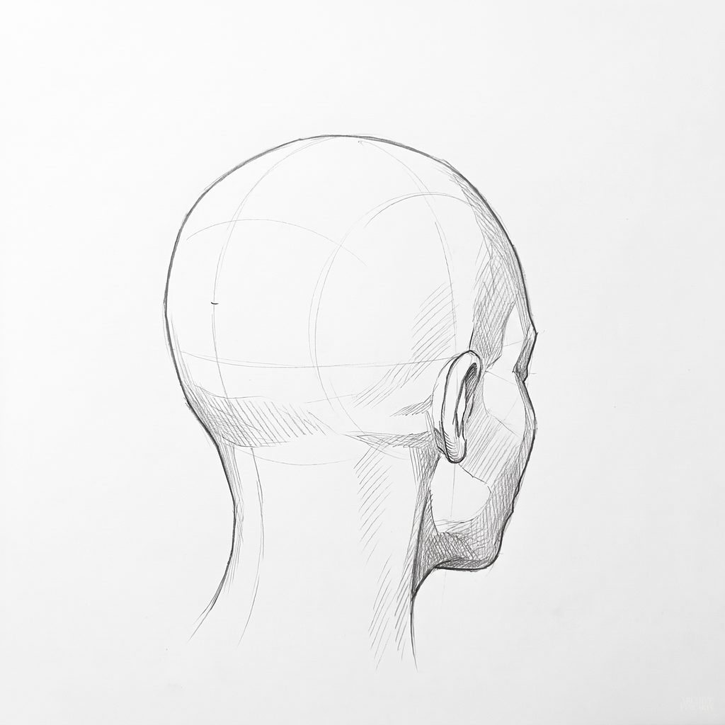 Head rotation reference, Full lips, 135 degrees rear three-quarter, tonal drawing