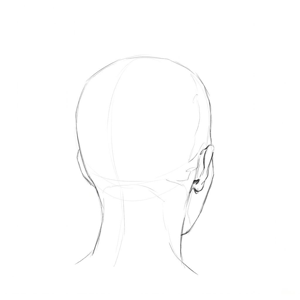 Head rotation reference, Full lips, 157.5 degrees near-back view, pencil drawing