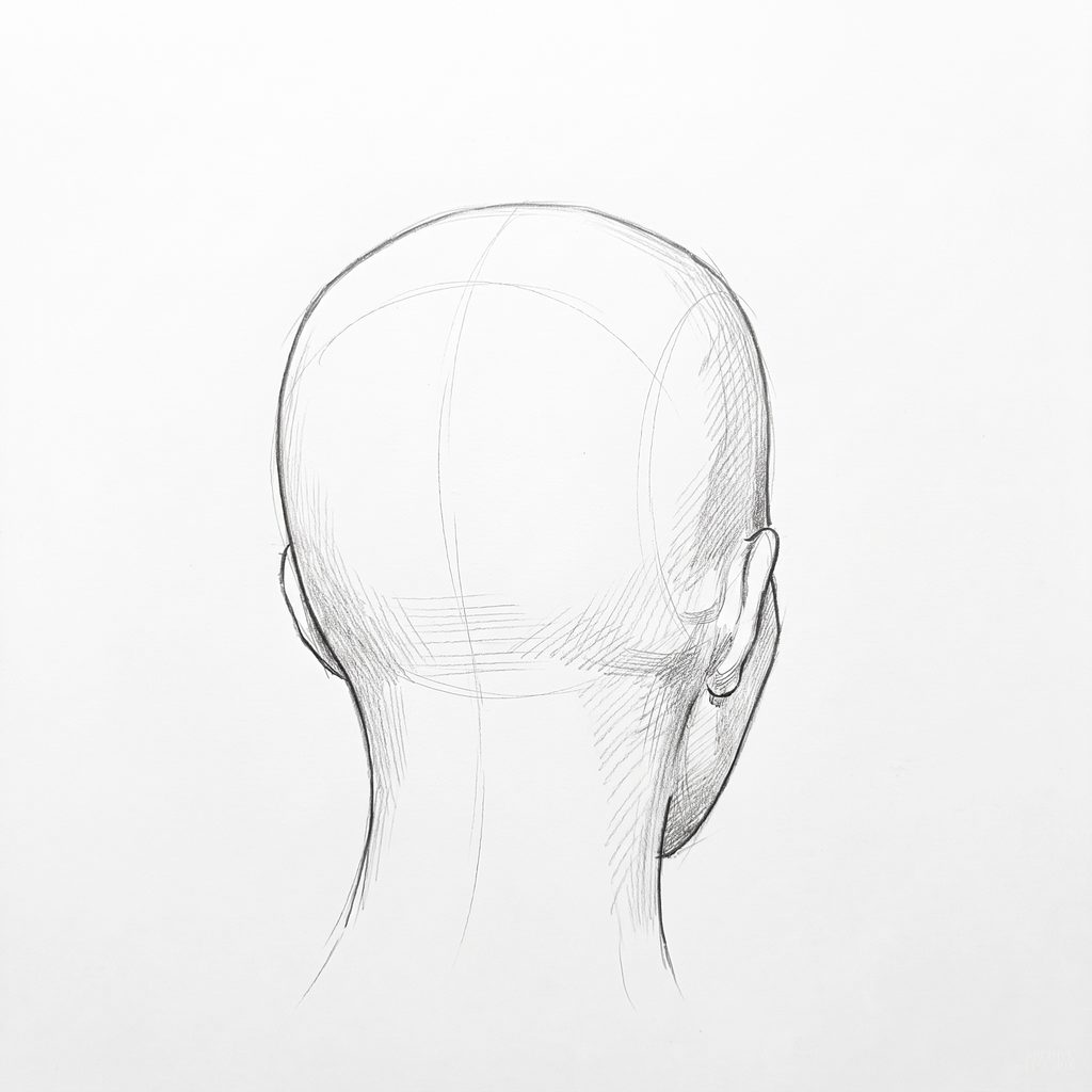 Head rotation reference, Full lips, 157.5 degrees near-back view, tonal drawing