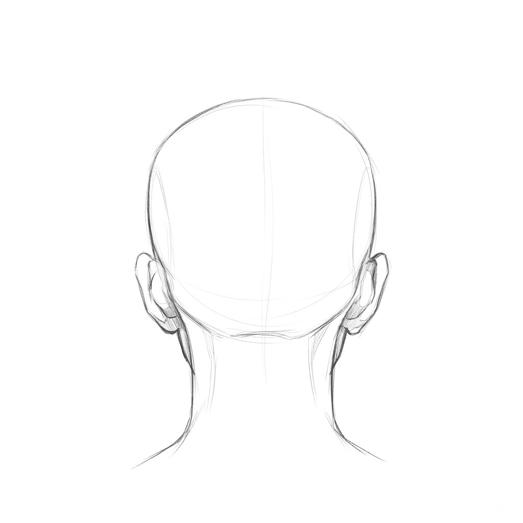 Head rotation reference, Full lips, 180 degrees back view, pencil drawing