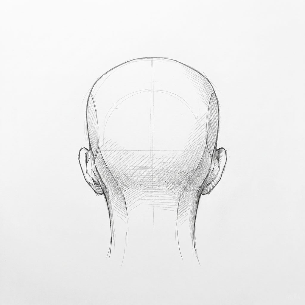 Head rotation reference, Full lips, 180 degrees back view, tonal drawing