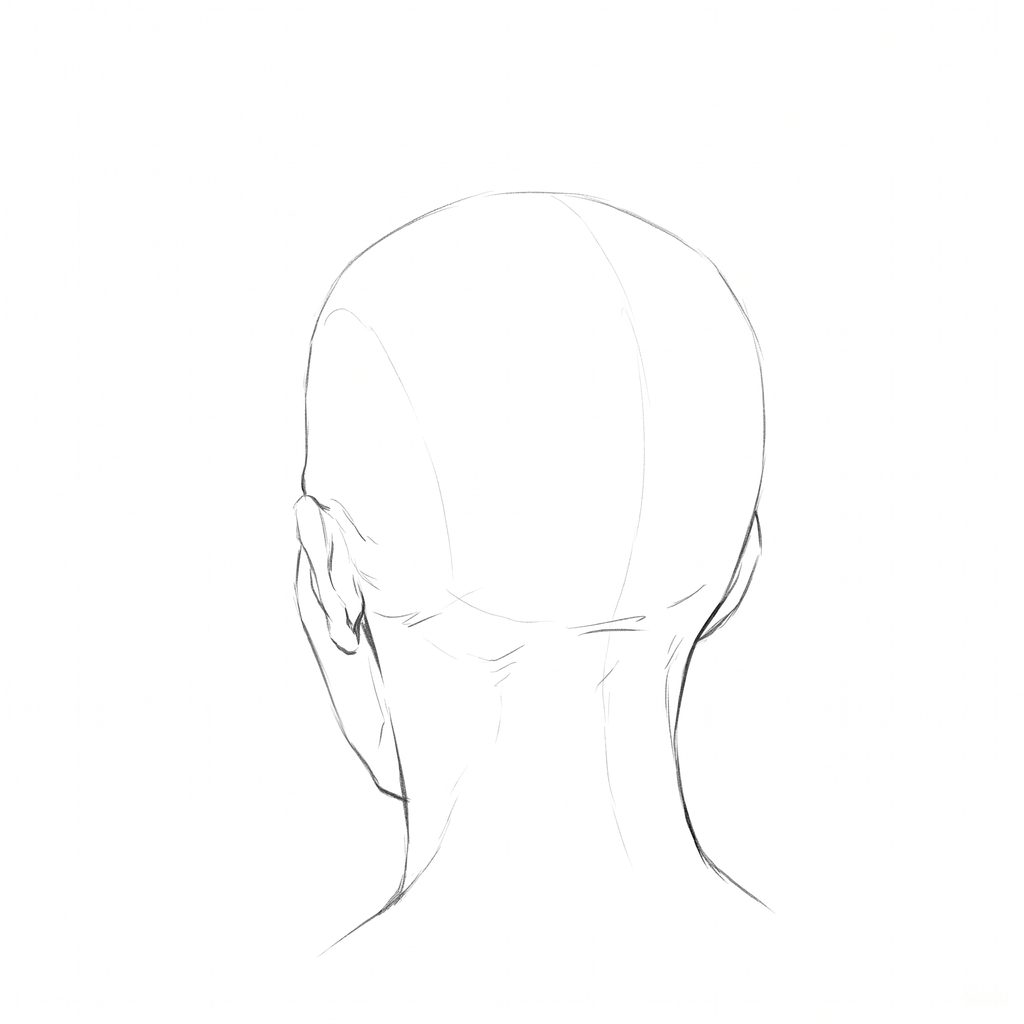Head rotation reference, Full lips, 202.5 degrees near-back view, pencil drawing