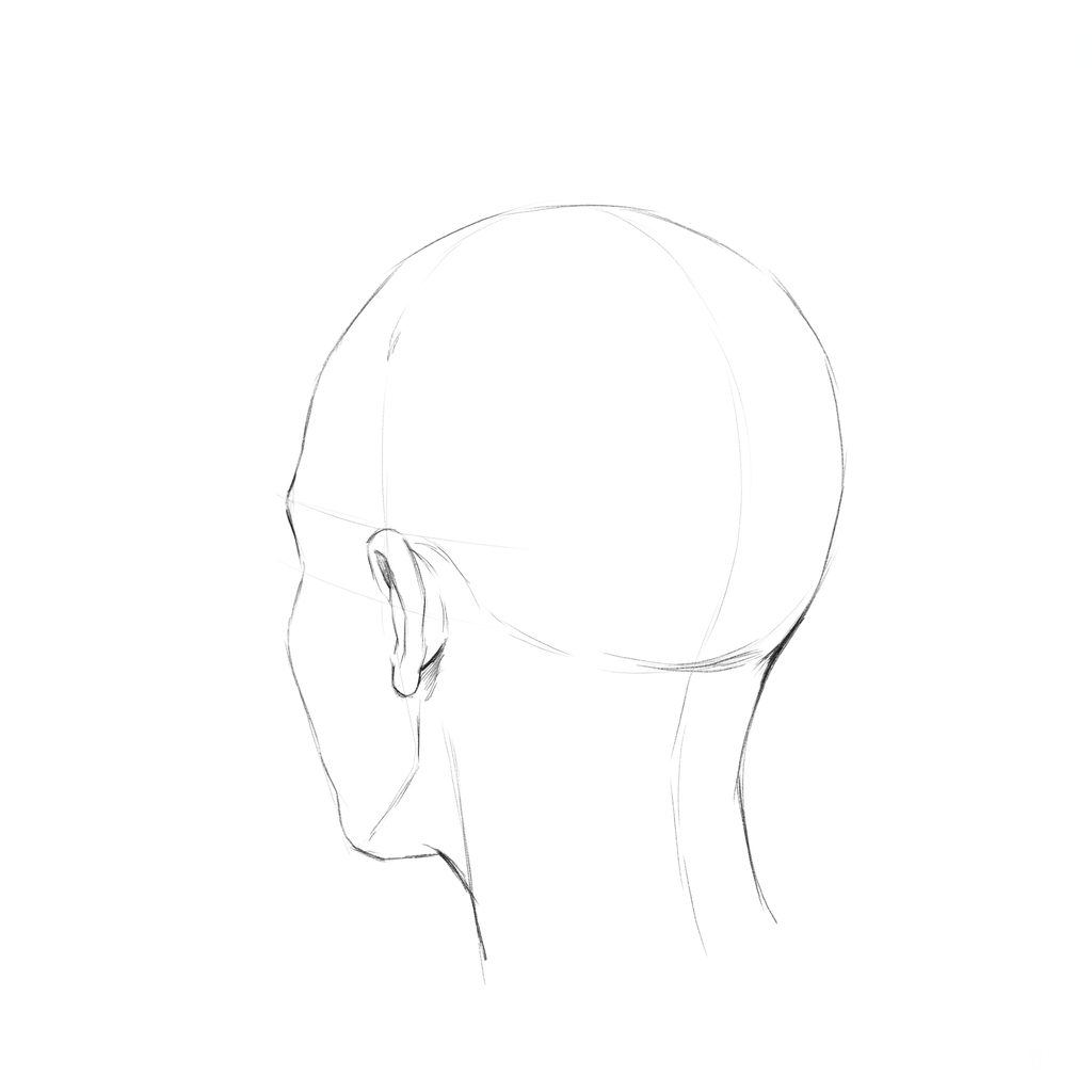 Head rotation reference, Full lips, 225 degrees rear three-quarter, pencil drawing