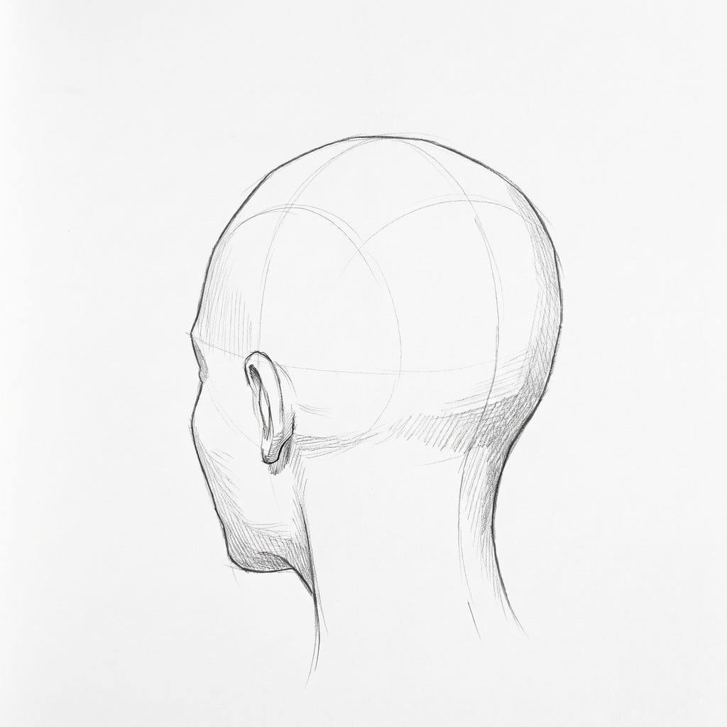 Head rotation reference, Full lips, 225 degrees rear three-quarter, tonal drawing