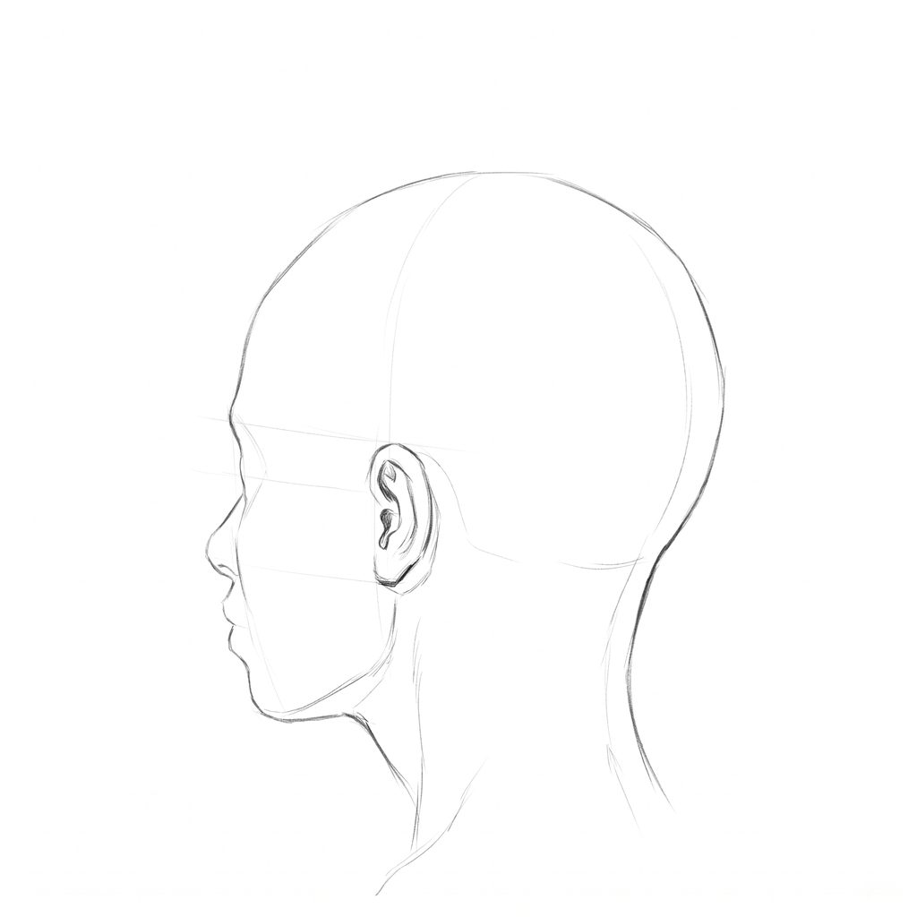 Head rotation reference, Full lips, 247.5 degrees just behind profile, pencil drawing