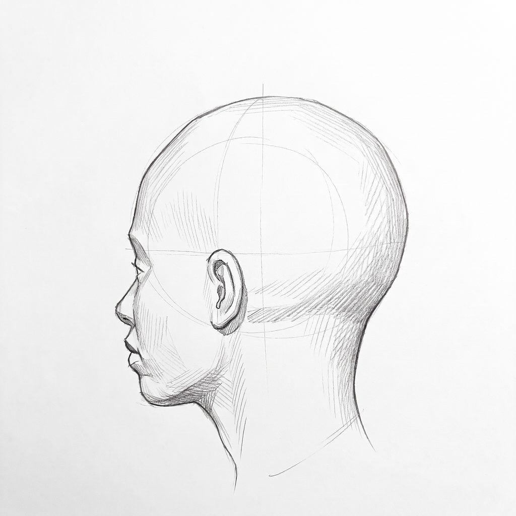 Head rotation reference, Full lips, 247.5 degrees just behind profile, tonal drawing
