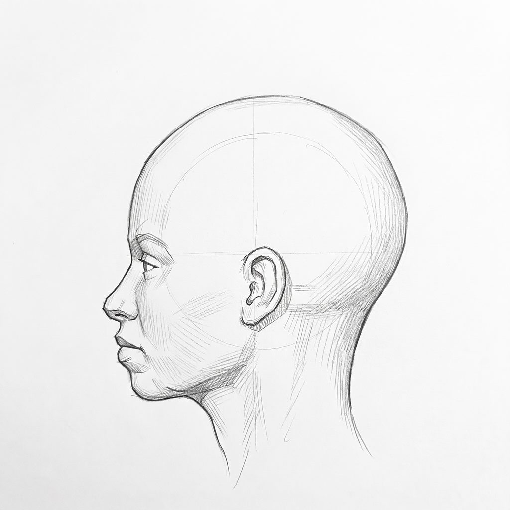Head rotation reference, Full lips, 270 degrees profile, tonal drawing