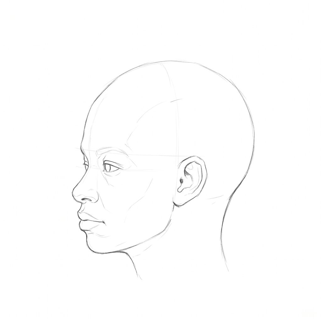 Head rotation reference, Full lips, 292.5 degrees near-profile view, pencil drawing