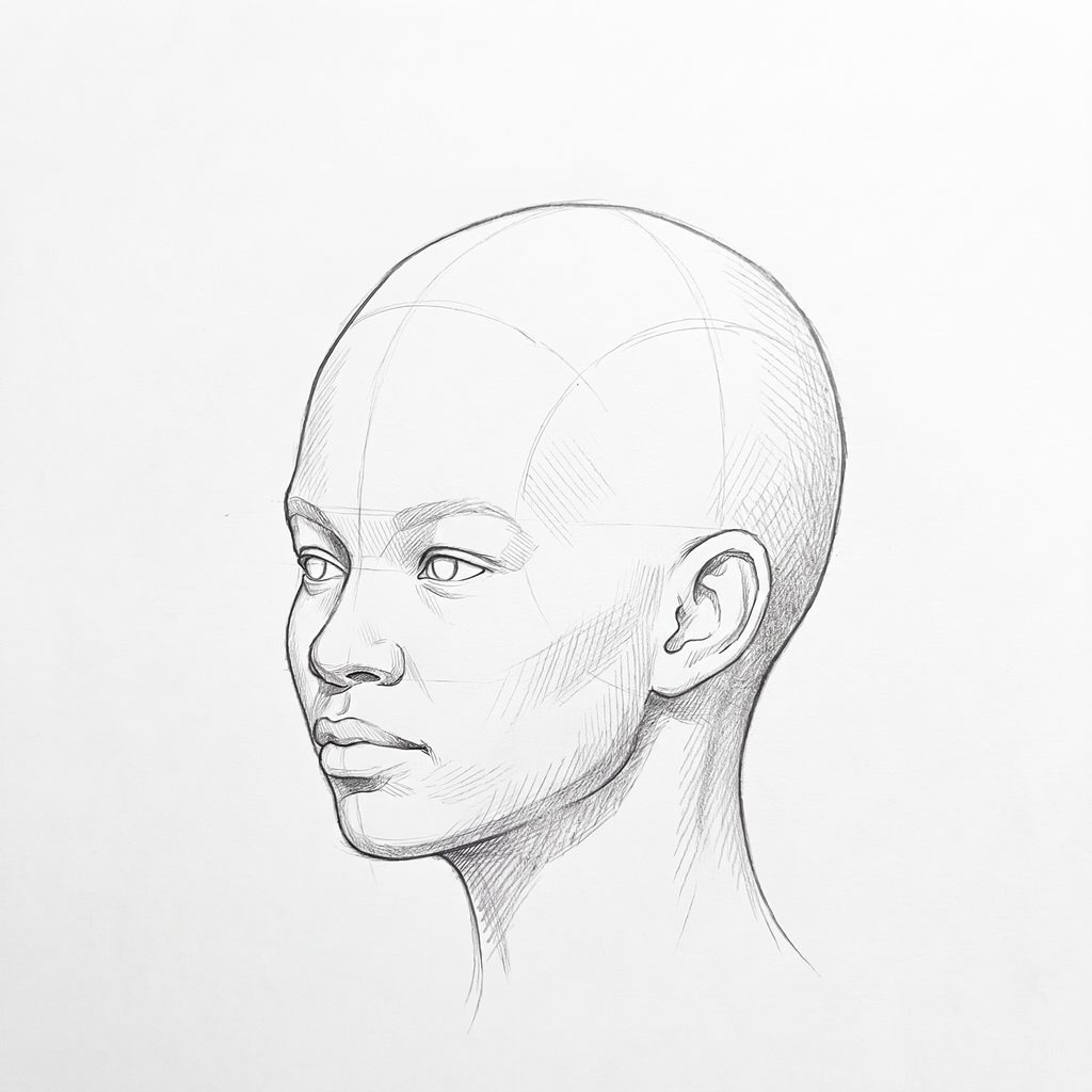 Head rotation reference, Full lips, 315 degrees three-quarter view, tonal drawing