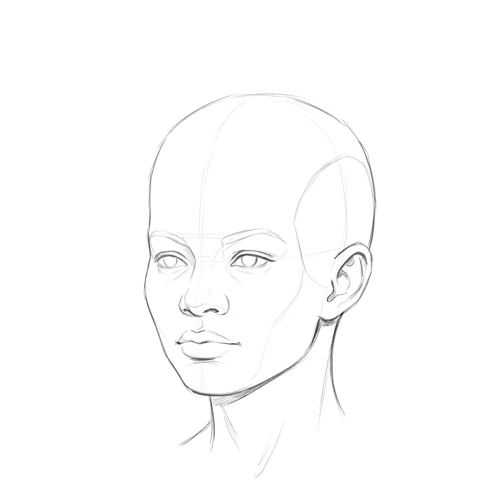 Head rotation reference, Full lips, 337.5 degrees slight three-quarter view, pencil drawing