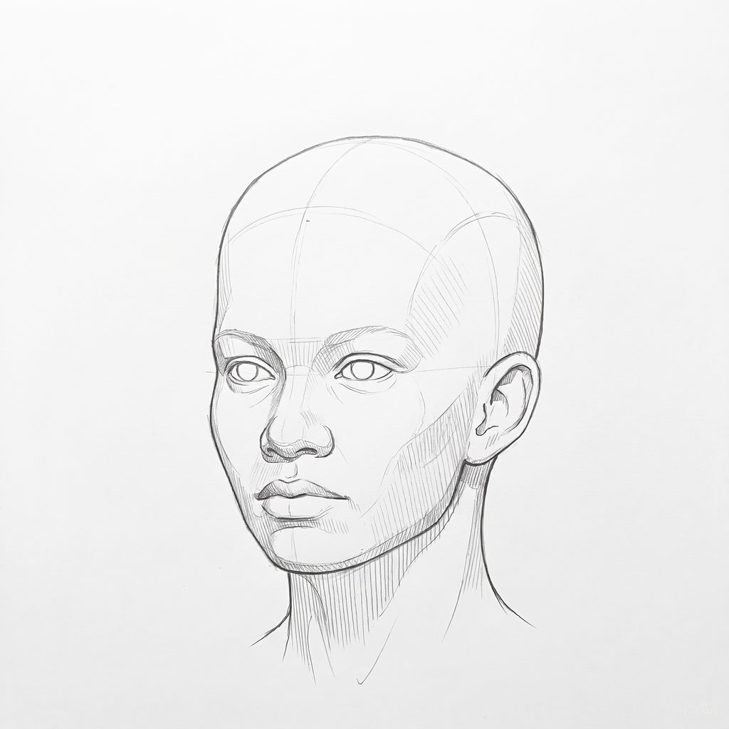 Head rotation reference, Full lips, 337.5 degrees slight three-quarter view, tonal drawing
