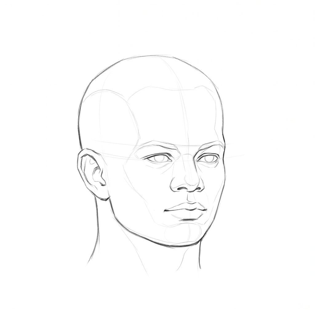 Head rotation reference, High cheekbones, 22.5 degrees slight three-quarter view, pencil drawing