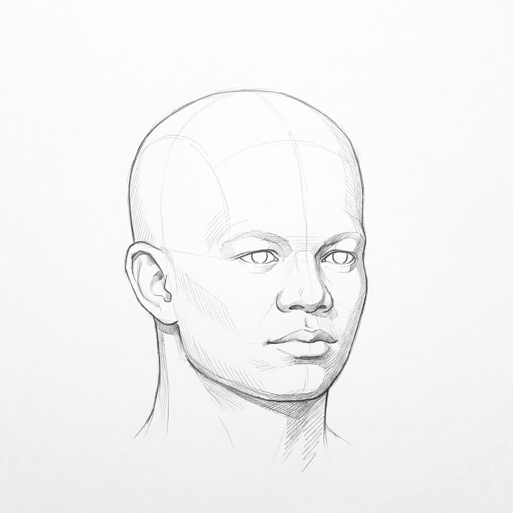 Head rotation reference, High cheekbones, 22.5 degrees slight three-quarter view, tonal drawing