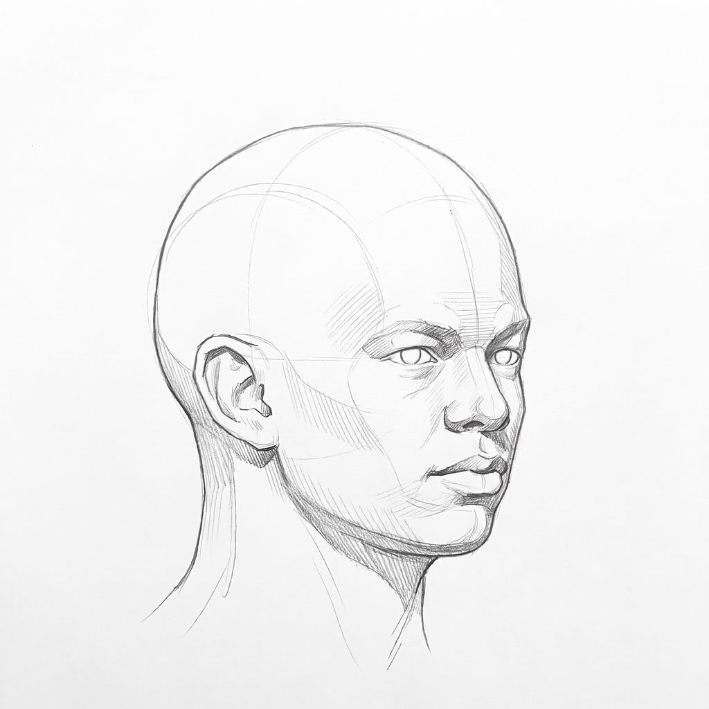 Head rotation reference, High cheekbones, 45 degrees three-quarter view, tonal drawing