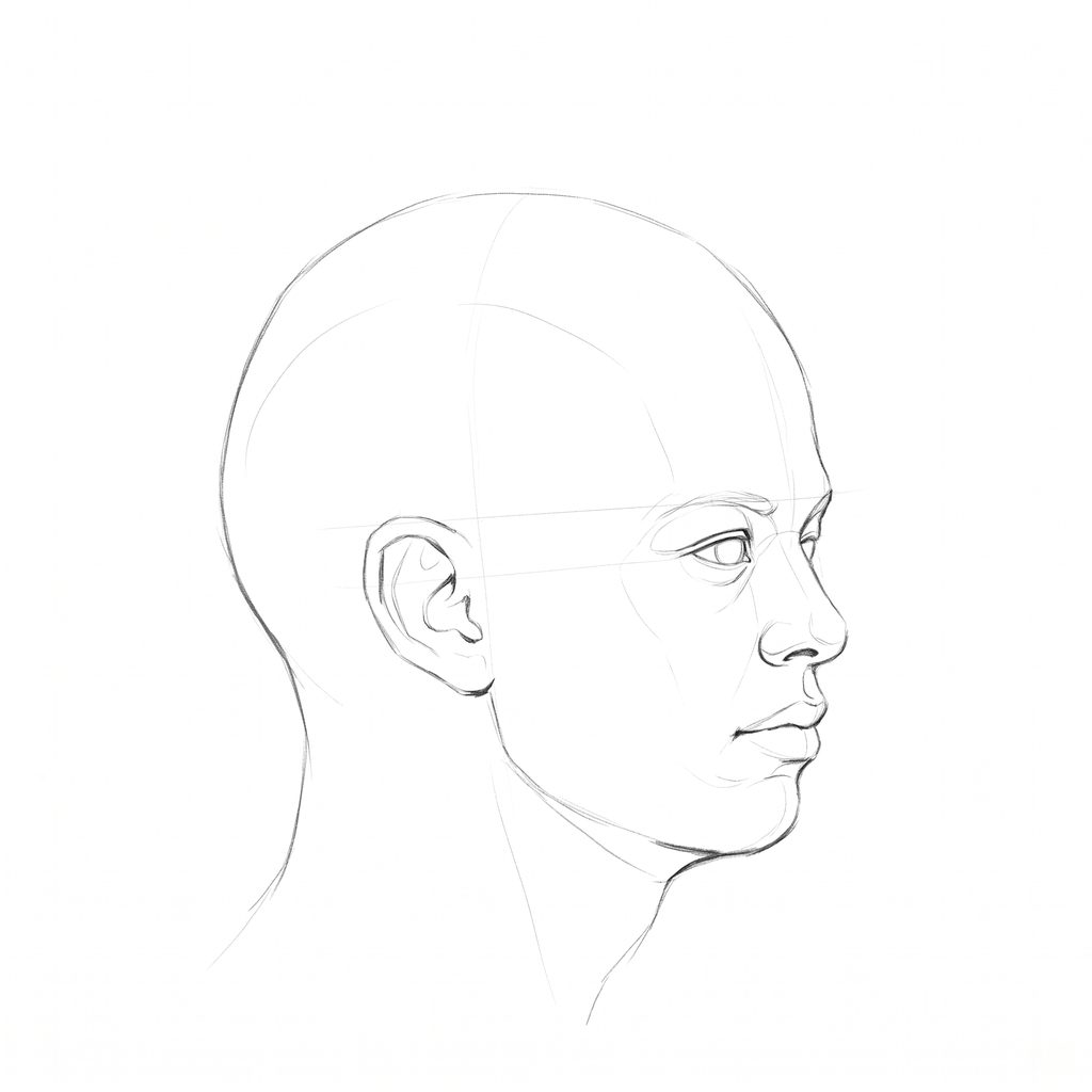 Head rotation reference, High cheekbones, 67.5 degrees near-profile view, pencil drawing