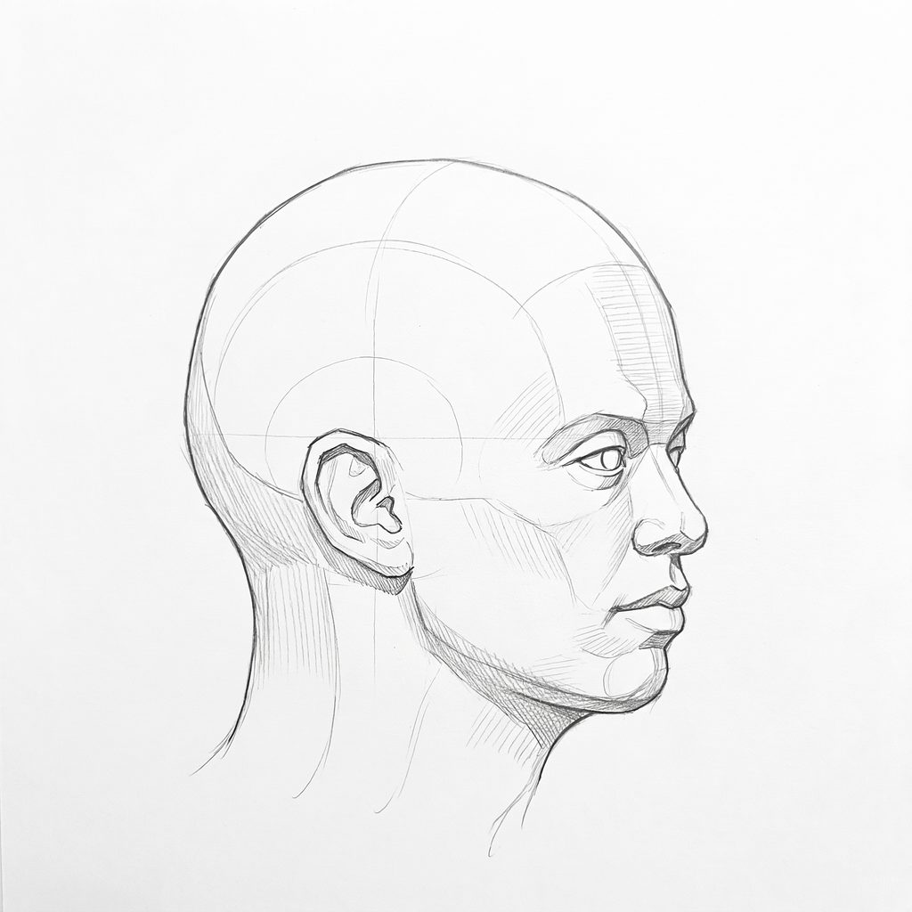 Head rotation reference, High cheekbones, 67.5 degrees near-profile view, tonal drawing