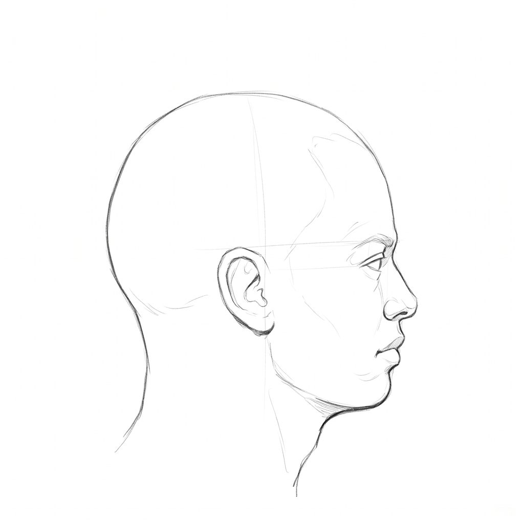 Head rotation reference, High cheekbones, 90 degrees profile, pencil drawing