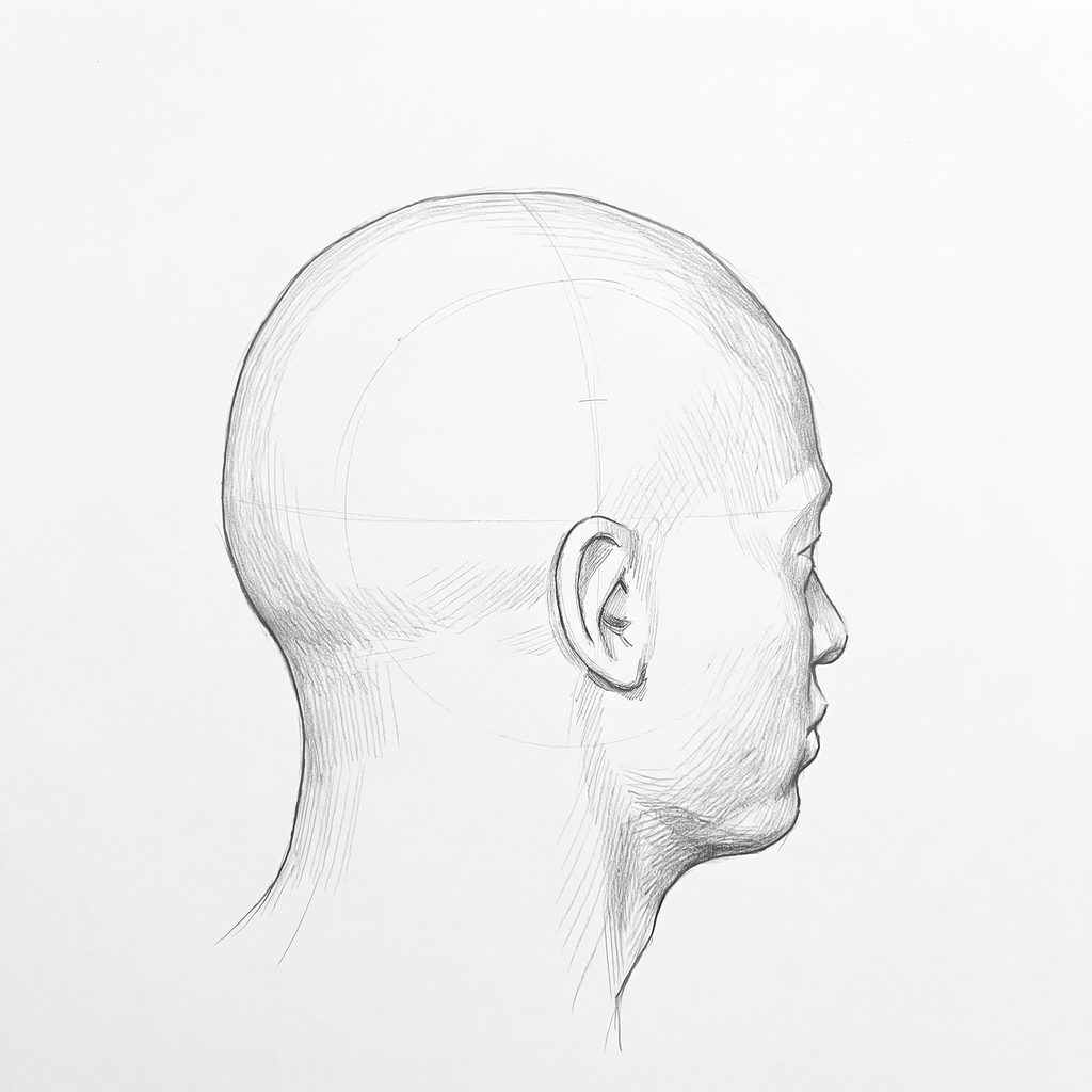 Head rotation reference, High cheekbones, 112.5 degrees just behind profile, tonal drawing