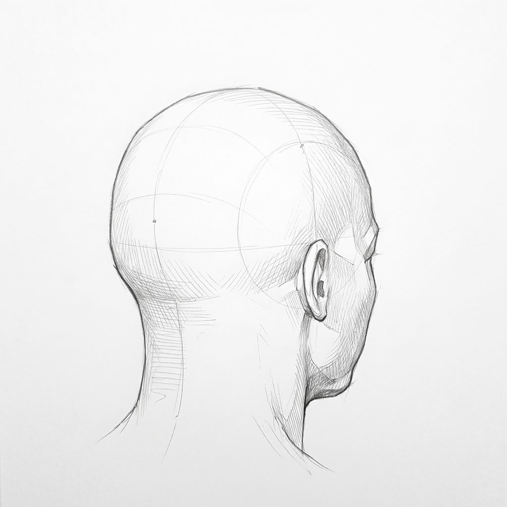 Head rotation reference, High cheekbones, 135 degrees rear three-quarter, tonal drawing
