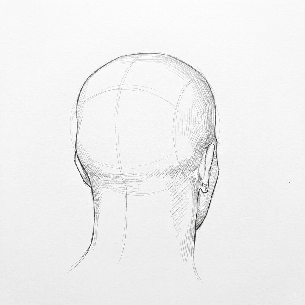 Head rotation reference, High cheekbones, 157.5 degrees near-back view, tonal drawing