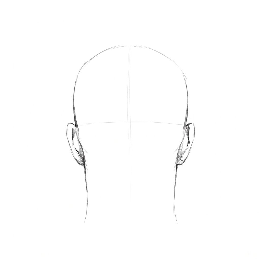 Head rotation reference, High cheekbones, 180 degrees back view, pencil drawing