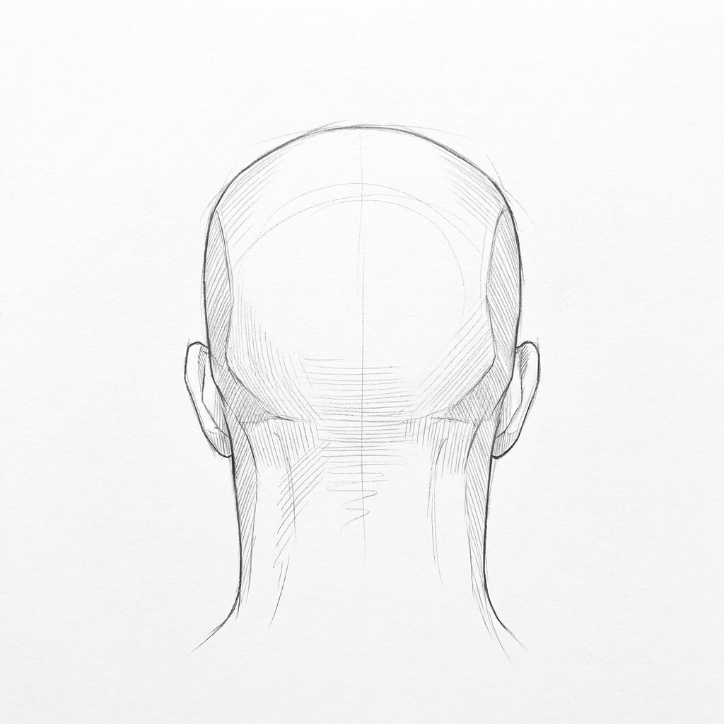 Head rotation reference, High cheekbones, 180 degrees back view, tonal drawing