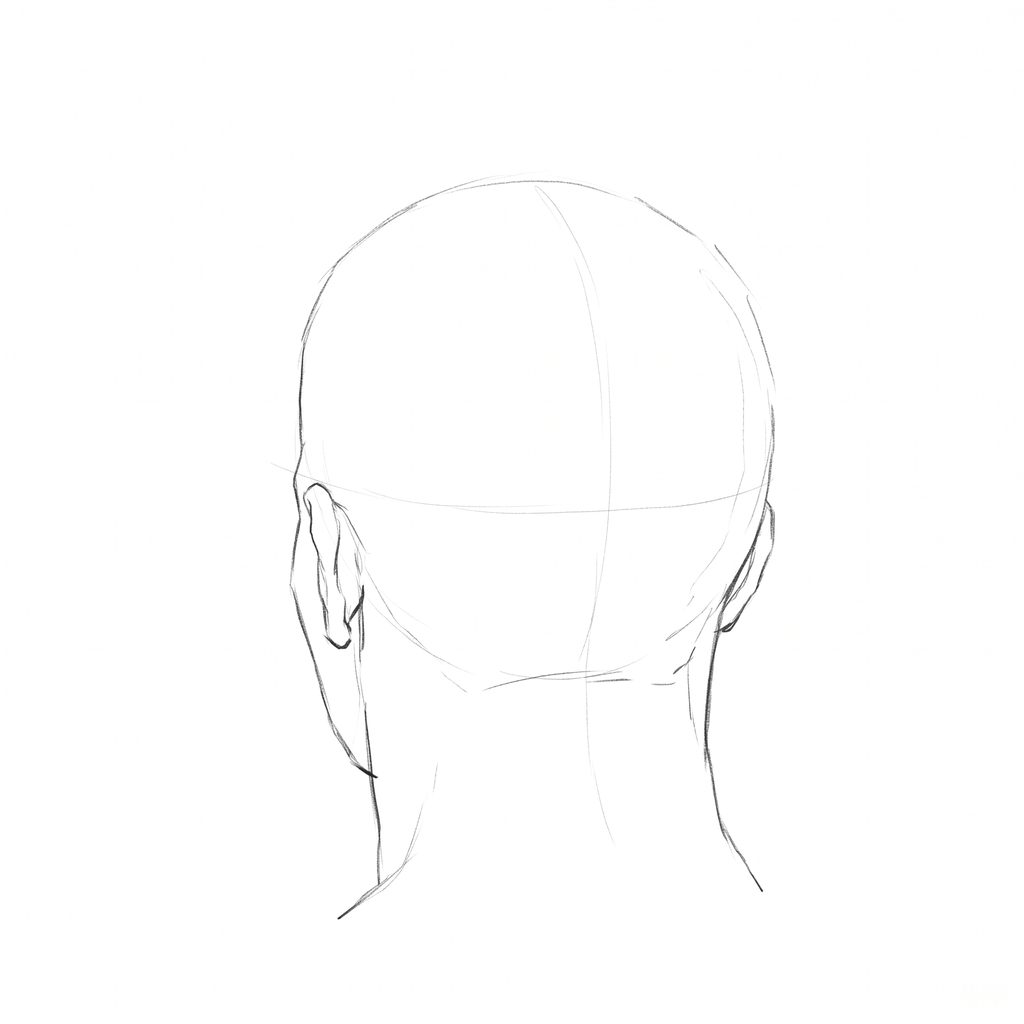 Head rotation reference, High cheekbones, 202.5 degrees near-back view, pencil drawing