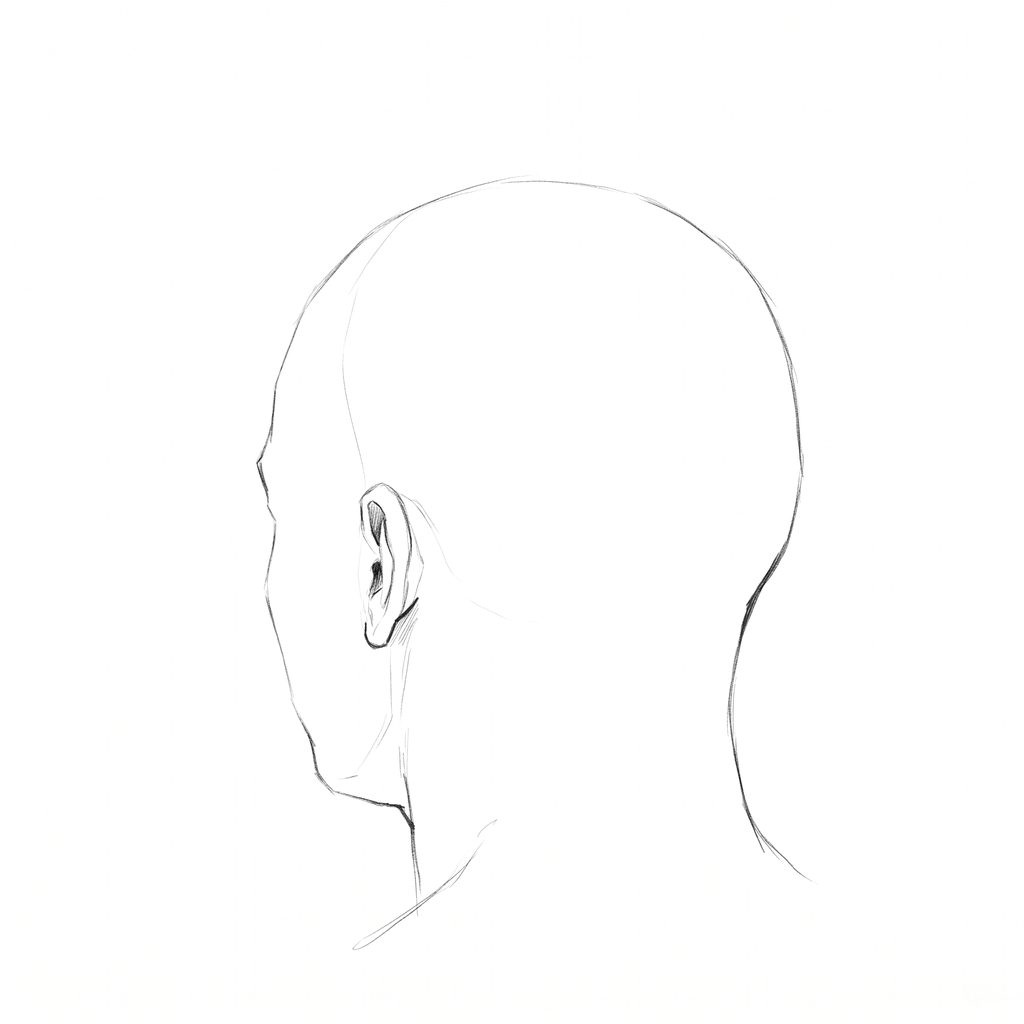 Head rotation reference, High cheekbones, 225 degrees rear three-quarter, pencil drawing
