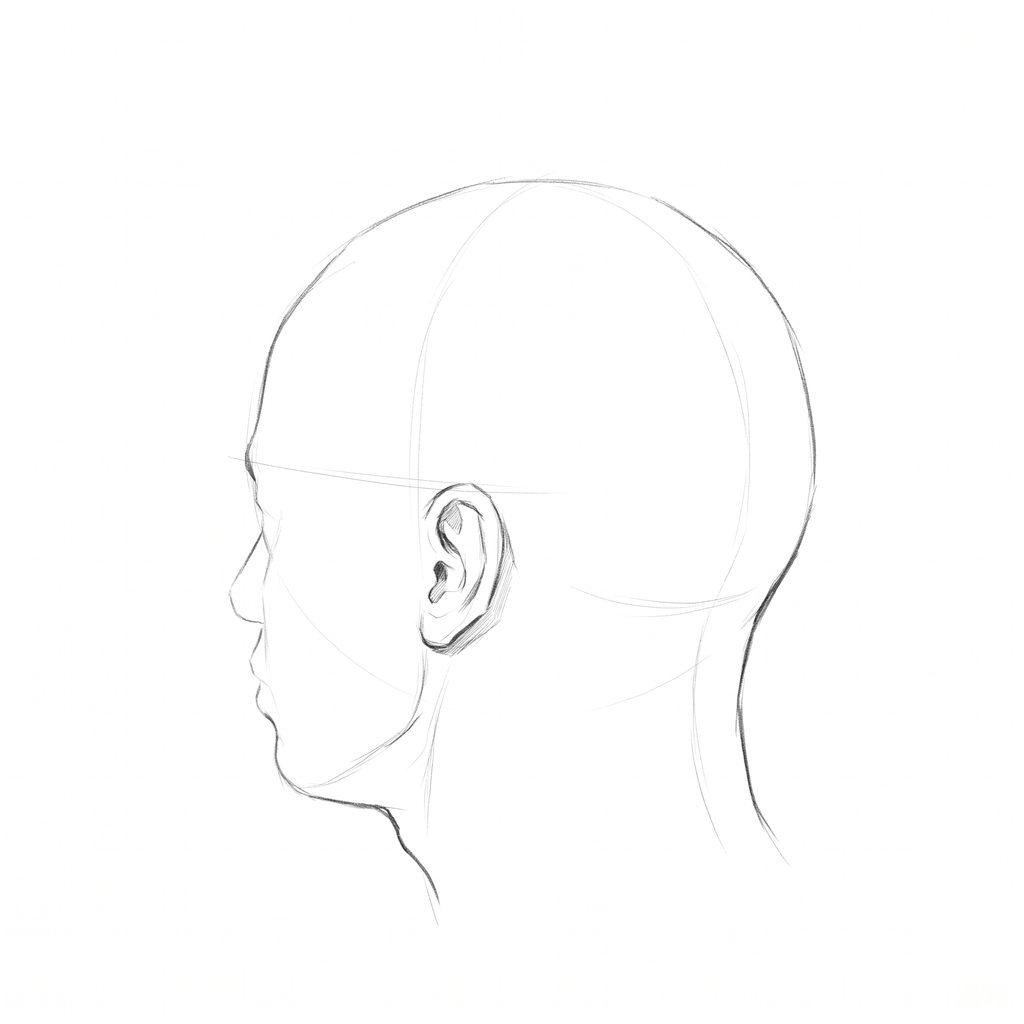 Head rotation reference, High cheekbones, 247.5 degrees just behind profile, pencil drawing