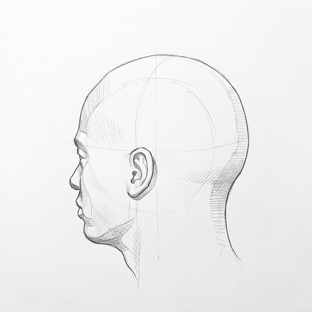 Head rotation reference, High cheekbones, 247.5 degrees just behind profile, tonal drawing