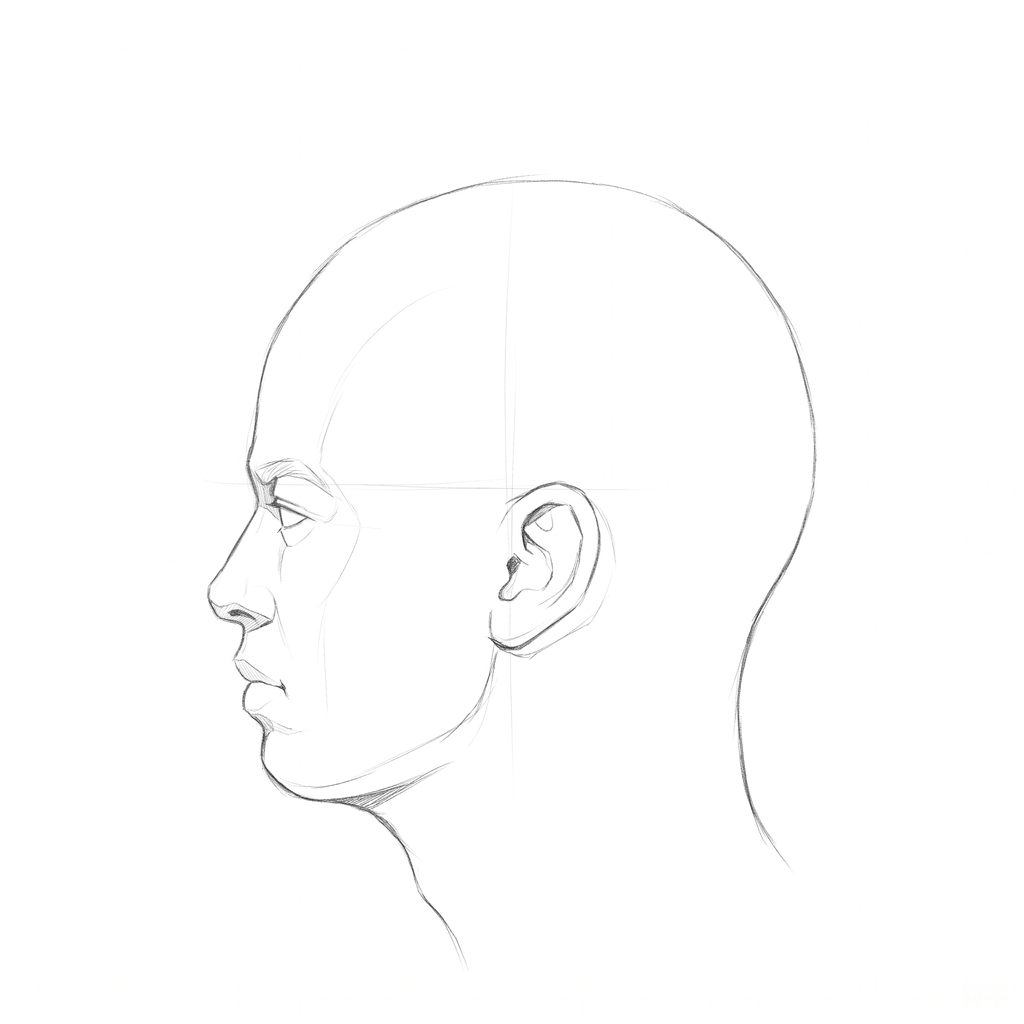 Head rotation reference, High cheekbones, 270 degrees profile, pencil drawing