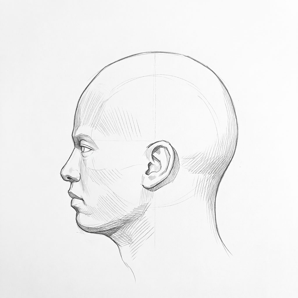 Head rotation reference, High cheekbones, 270 degrees profile, tonal drawing
