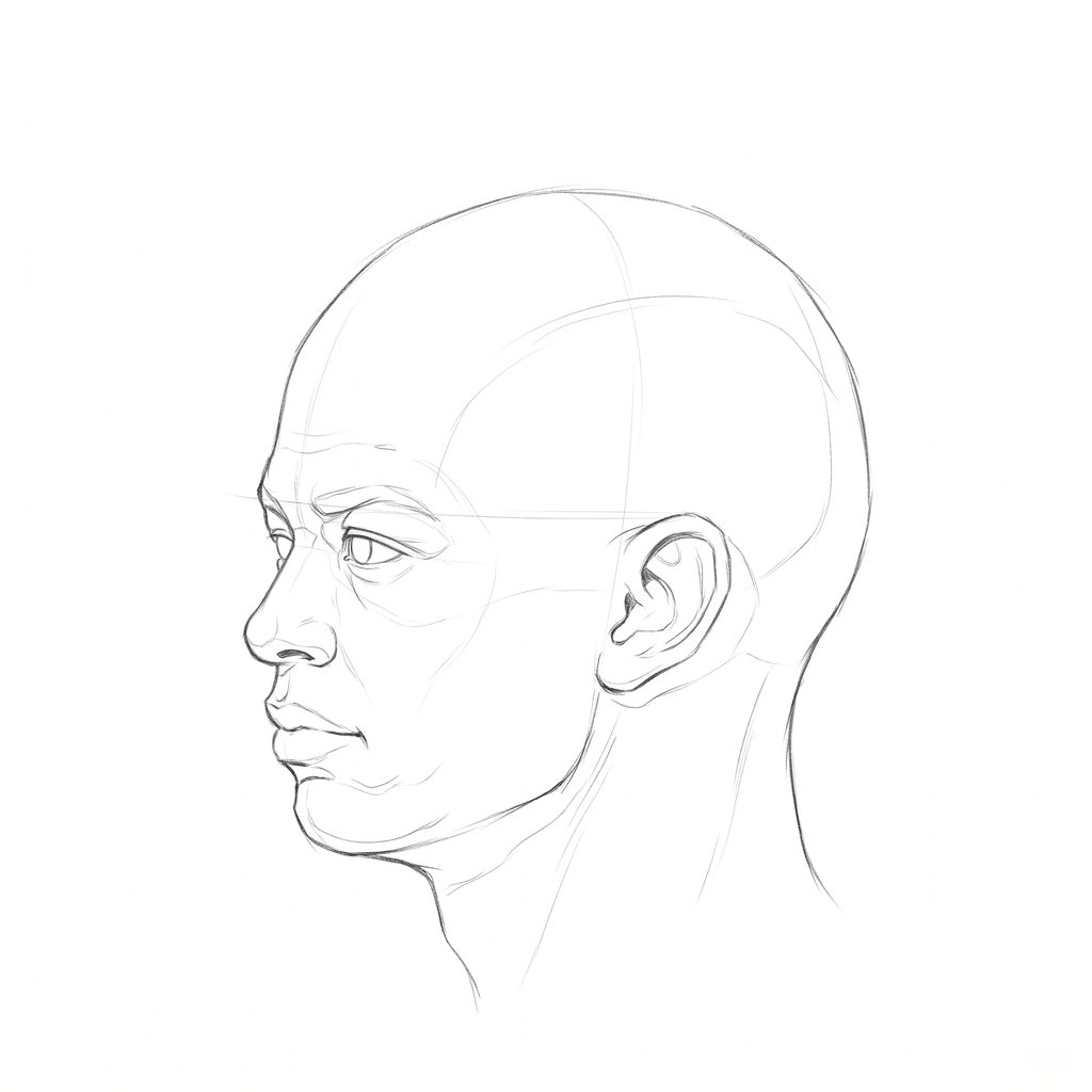 Head rotation reference, High cheekbones, 292.5 degrees near-profile view, pencil drawing
