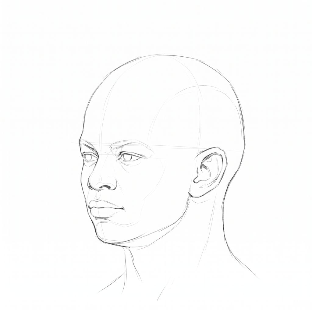 Head rotation reference, High cheekbones, 315 degrees three-quarter view, pencil drawing