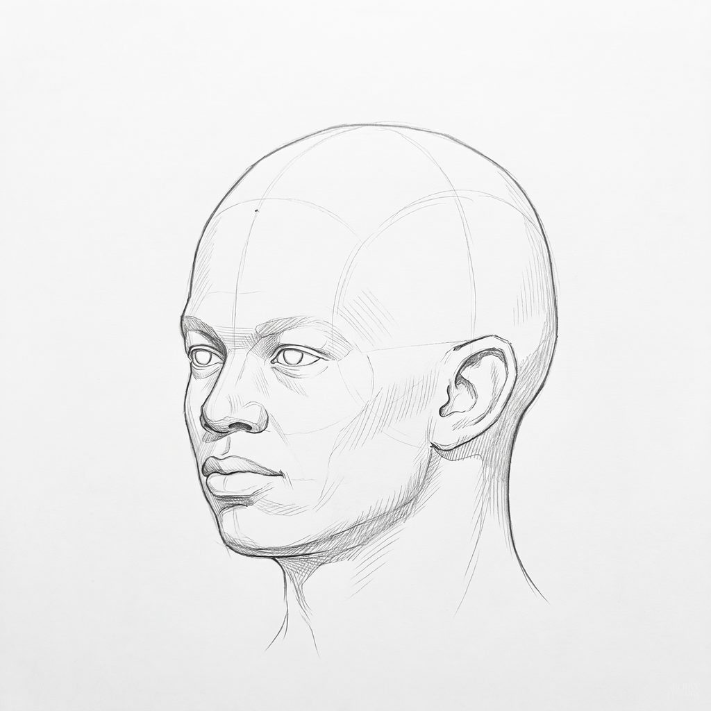 Head rotation reference, High cheekbones, 315 degrees three-quarter view, tonal drawing