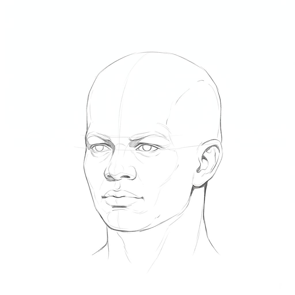 Head rotation reference, High cheekbones, 337.5 degrees slight three-quarter view, pencil drawing