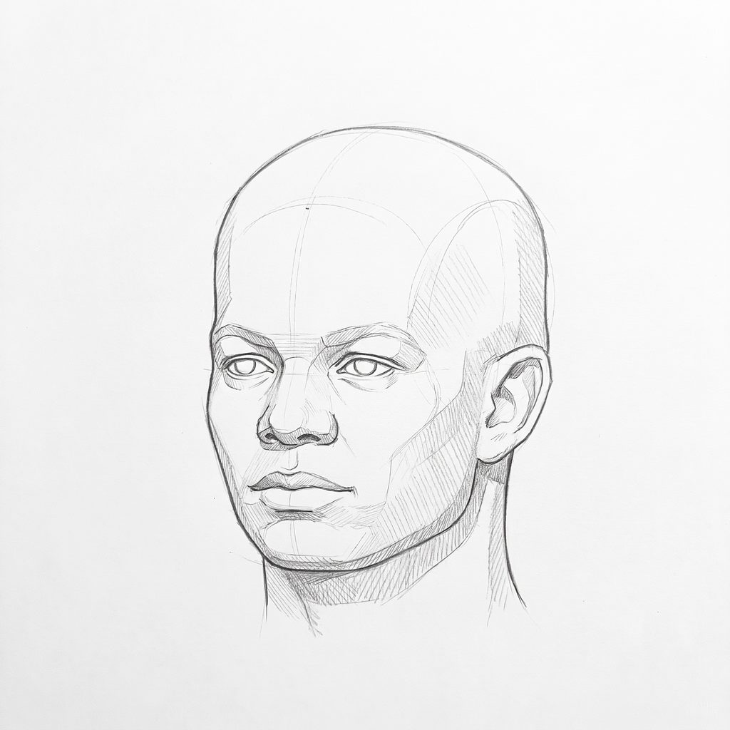 Head rotation reference, High cheekbones, 337.5 degrees slight three-quarter view, tonal drawing
