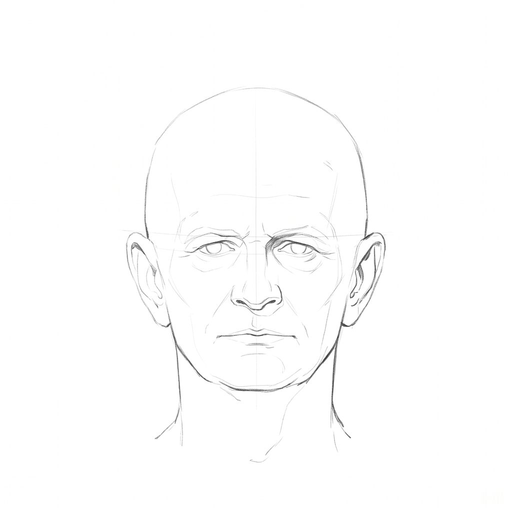 Head rotation reference, Heavy brow, 0 degrees front view, pencil drawing