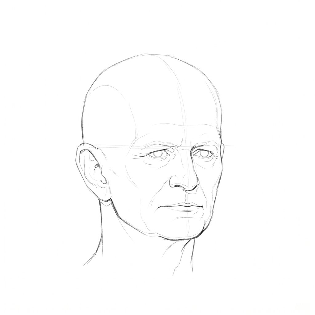 Head rotation reference, Heavy brow, 22.5 degrees slight three-quarter view, pencil drawing