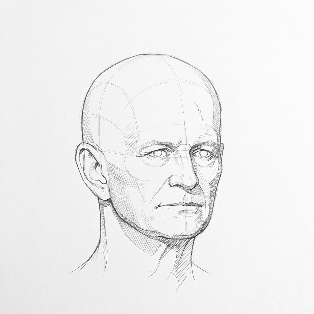Head rotation reference, Heavy brow, 22.5 degrees slight three-quarter view, tonal drawing