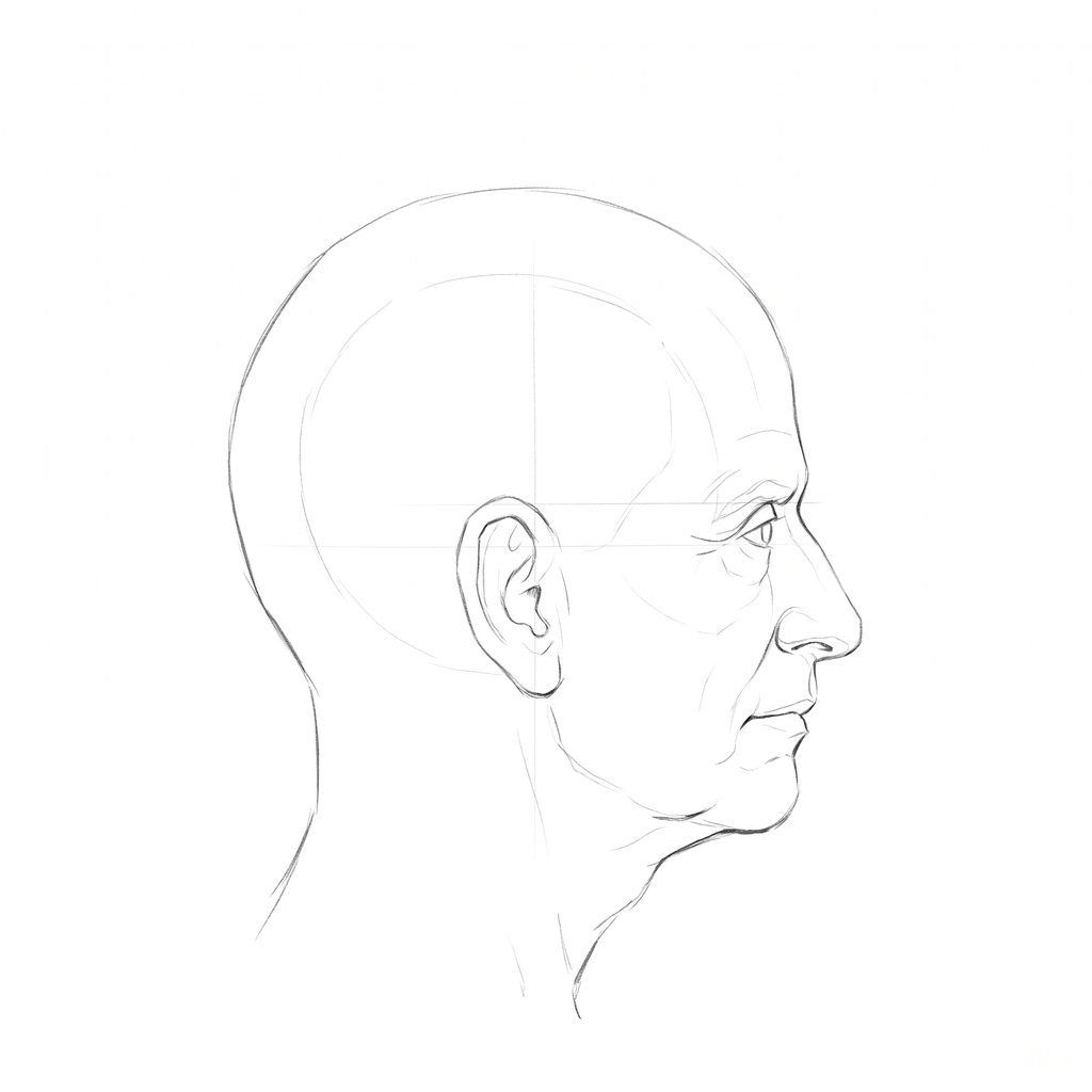 Head rotation reference, Heavy brow, 90 degrees profile, pencil drawing
