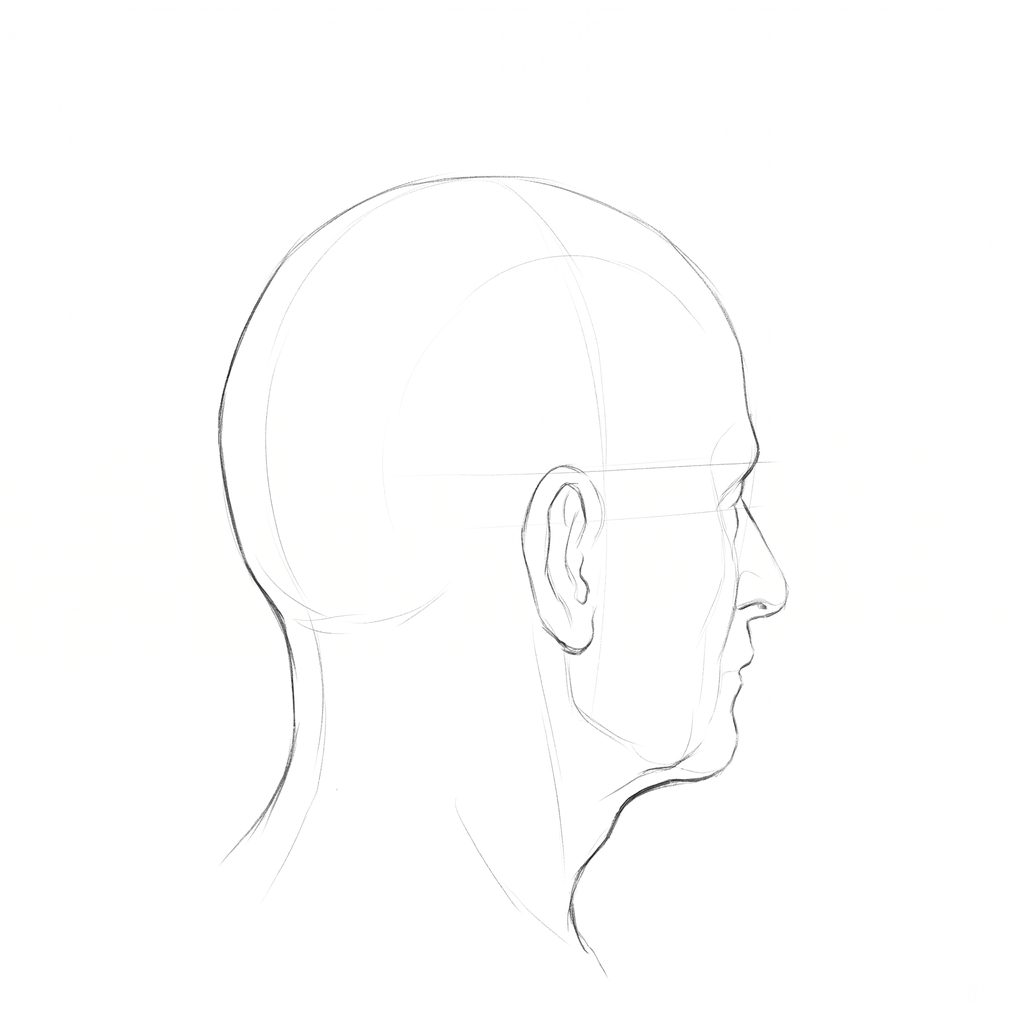 Head rotation reference, Heavy brow, 112.5 degrees just behind profile, pencil drawing