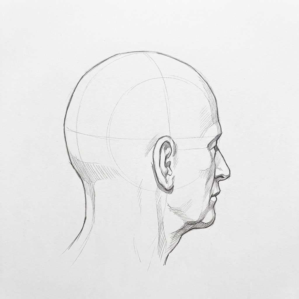 Head rotation reference, Heavy brow, 112.5 degrees just behind profile, tonal drawing