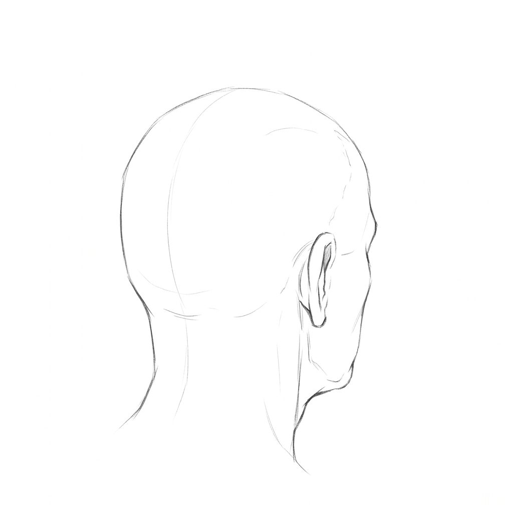Head rotation reference, Heavy brow, 135 degrees rear three-quarter, pencil drawing