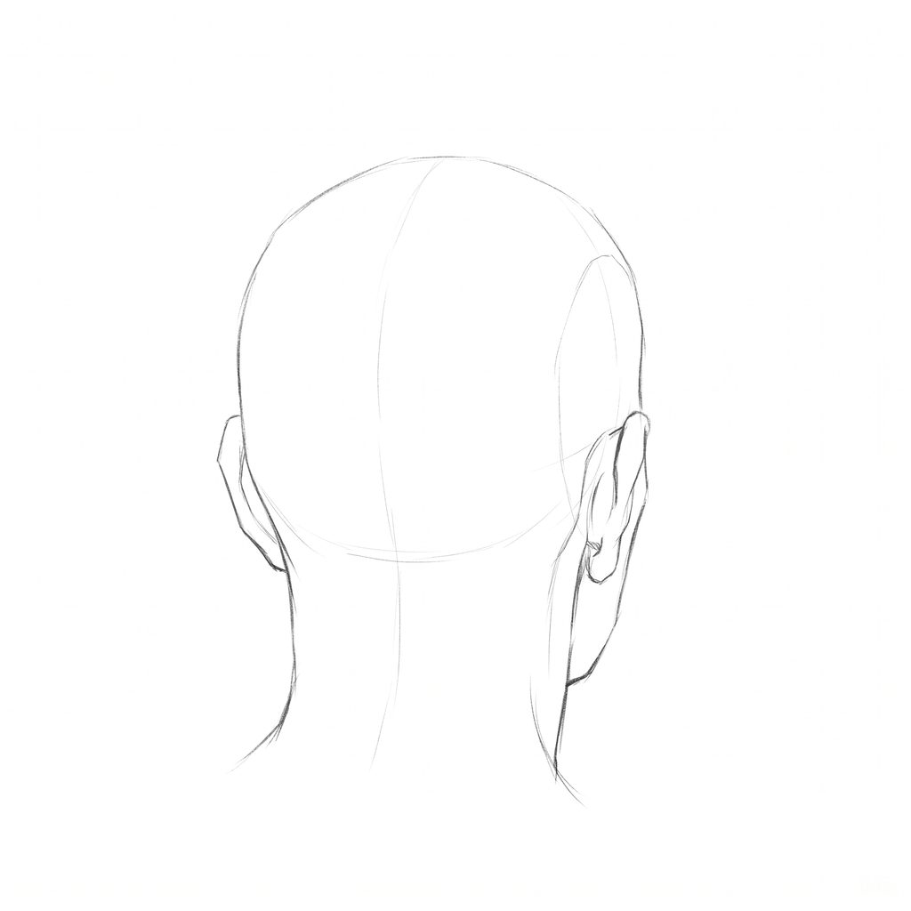 Head rotation reference, Heavy brow, 157.5 degrees near-back view, pencil drawing