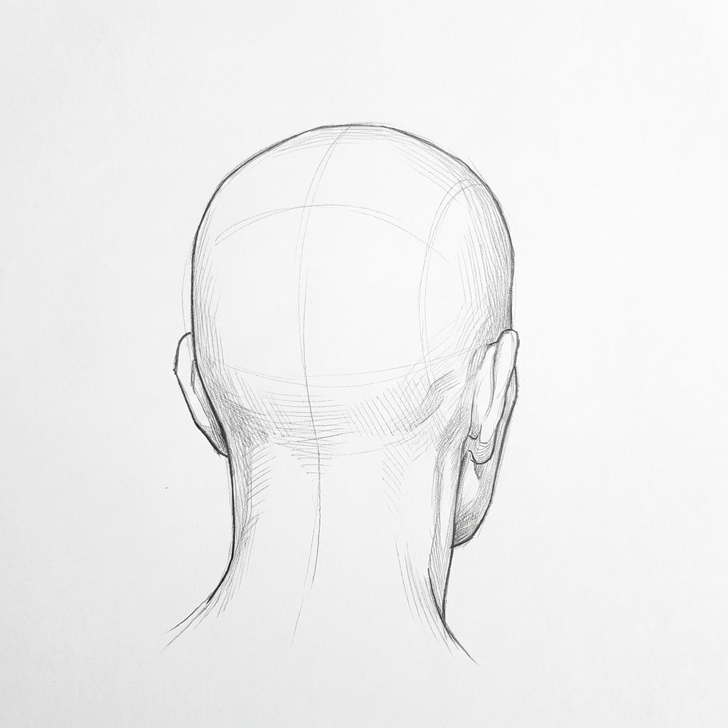 Head rotation reference, Heavy brow, 157.5 degrees near-back view, tonal drawing